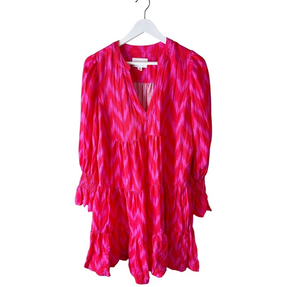 Pomander Place Dresses & Skirts - Pomander Place Pink Red Ikat Kenzo Tiered Mini Dress Smocked Cuff Womens M